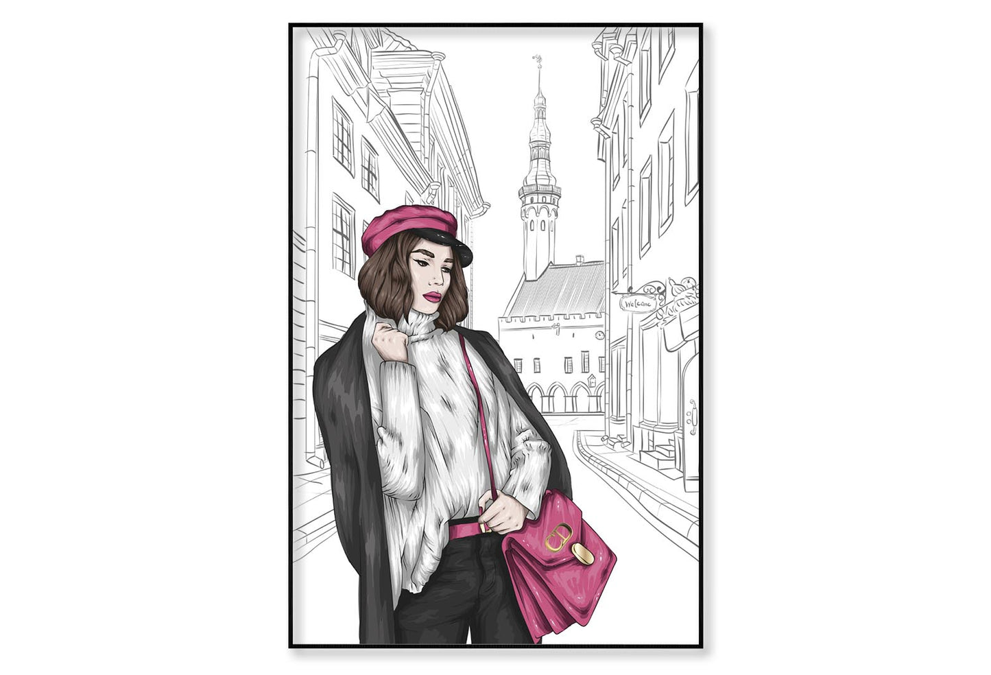 Modern Girl with Elegant Hand Bag Wall Art Limited Edition High Quality Print Canvas Box Framed Black