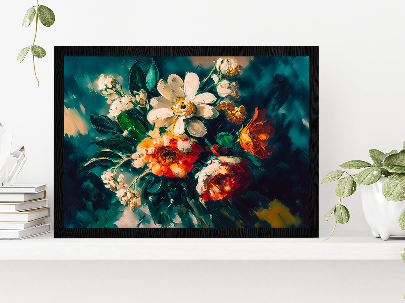 Abstract Colorful Flowers With Still Life Glass Framed Wall Art, Ready to Hang Quality Print Without White Border Black