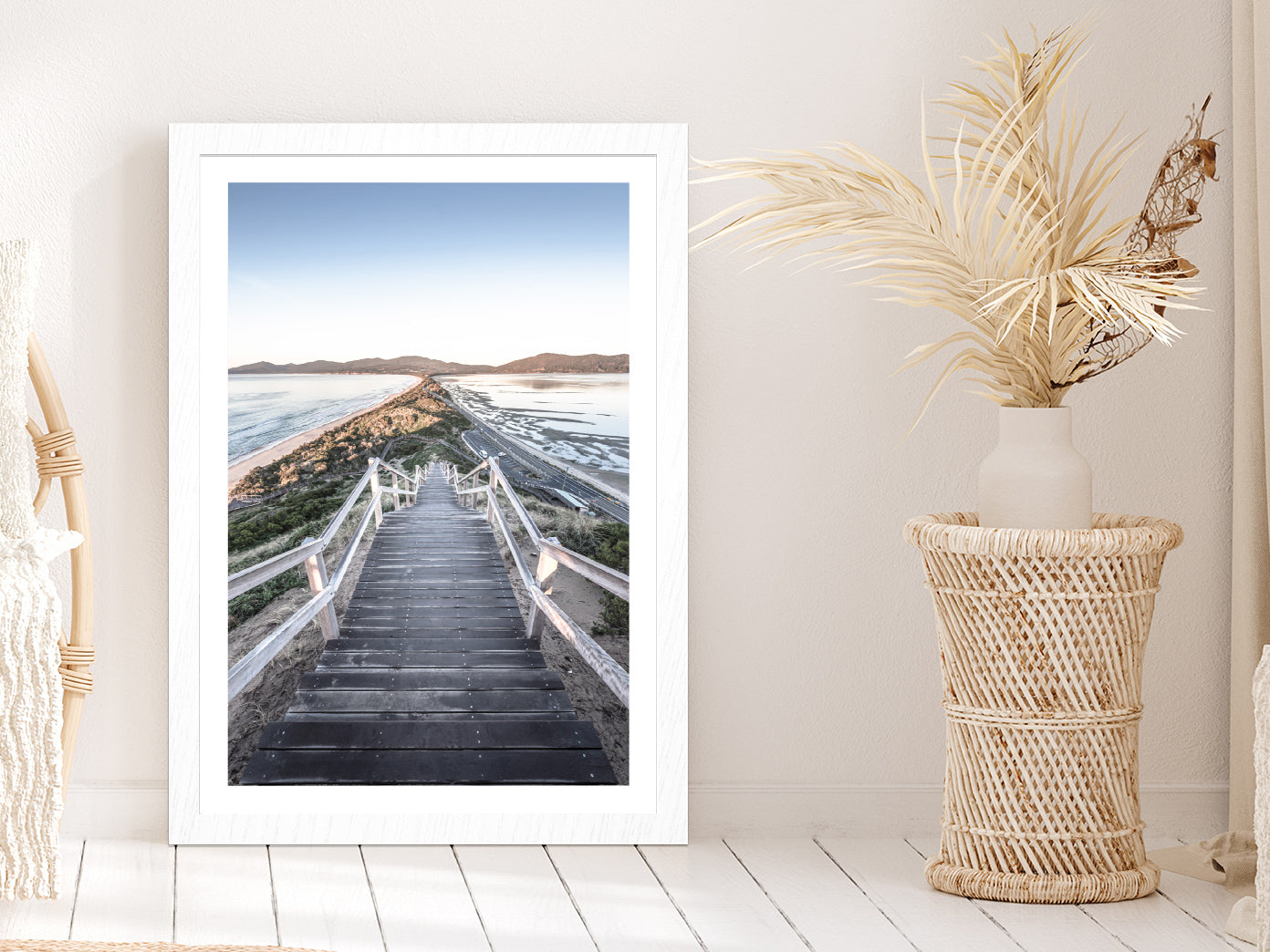 Wooden Path & Beach View Photograph Glass Framed Wall Art, Ready to Hang Quality Print With White Border White