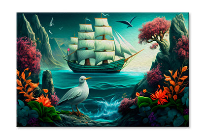 Sailing Boat in Sea and A Bird, Colorful Flowers Wall Art Limited Edition High Quality Print