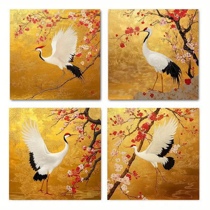 4pcs River Bank Peony The Red Crowned Crane Wall Art Canvas Framed