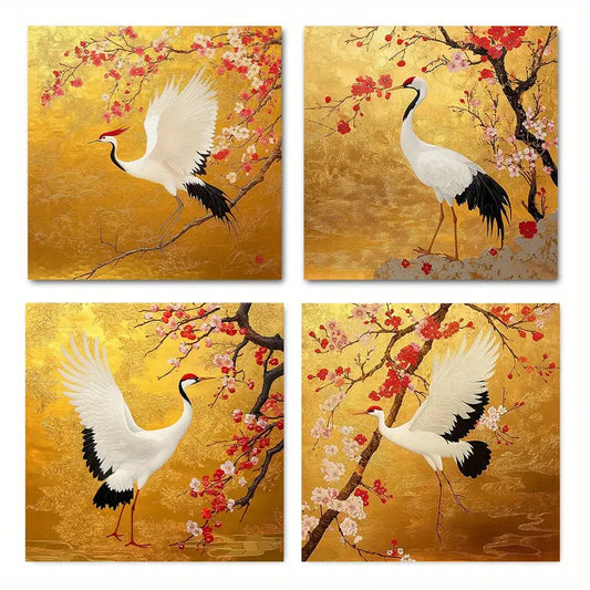 4pcs River Bank Peony The Red Crowned Crane Wall Art Canvas Framed