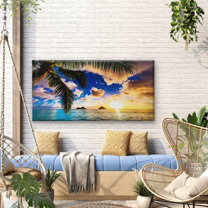 Tropical Beach Sunset Palm Tree Wall Art Canvas Office Home Room Framed 120x60cm - Bella Home Decor
