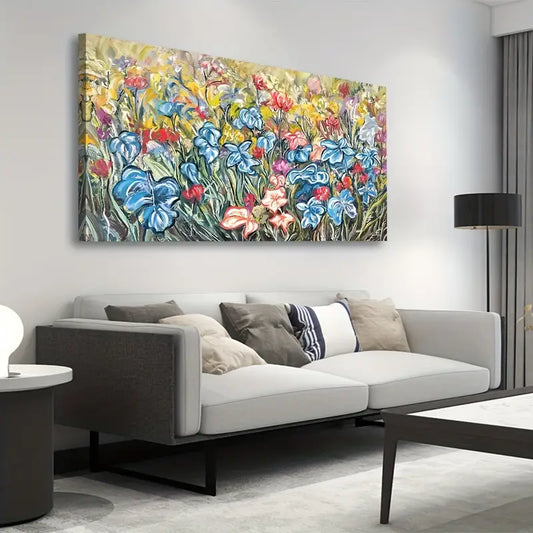 Oil Painting Style Botanical Blue Red Purple Yellow Floral Wall Art canvas office home room framed 120x60cm - Bella Home Decor
