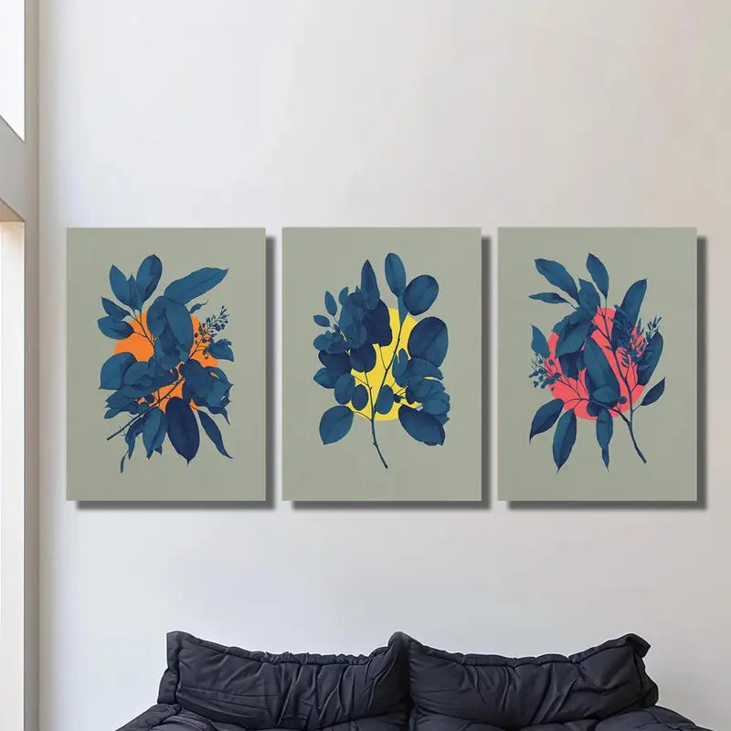 3pcs Watercolor Eucalyptus Botanical Vibrant Blue & Orange Metal Print Ready to Hang Art