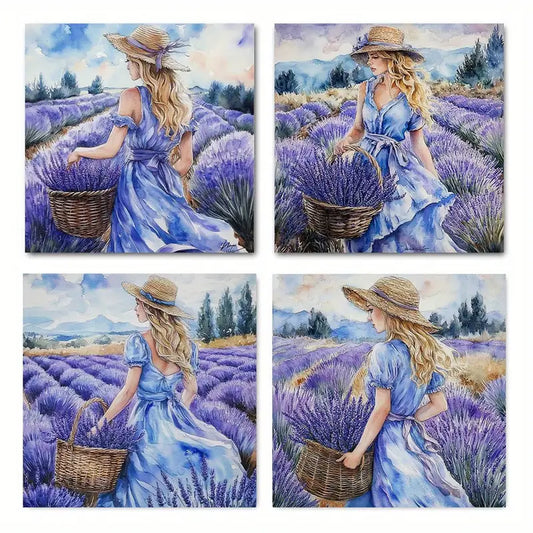 4pcs  Woman with Lavender Basket LA   Wall Art Canvas Framed