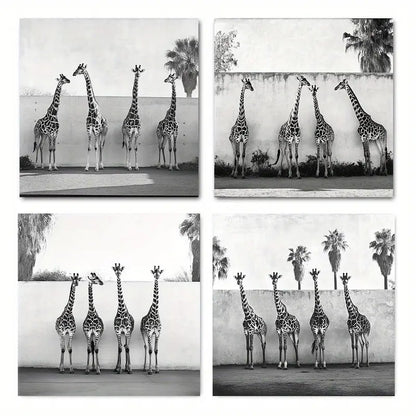 4pcs Black And White Giraffe Prin Theme Wall Art Canvas Framed