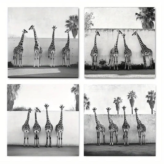 4pcs Black And White Giraffe Prin Theme Wall Art Canvas Framed
