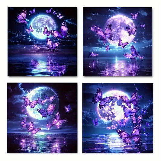 4pcs Enchanting Full Moon & Purple Butterfly Wall Art Canvas Framed