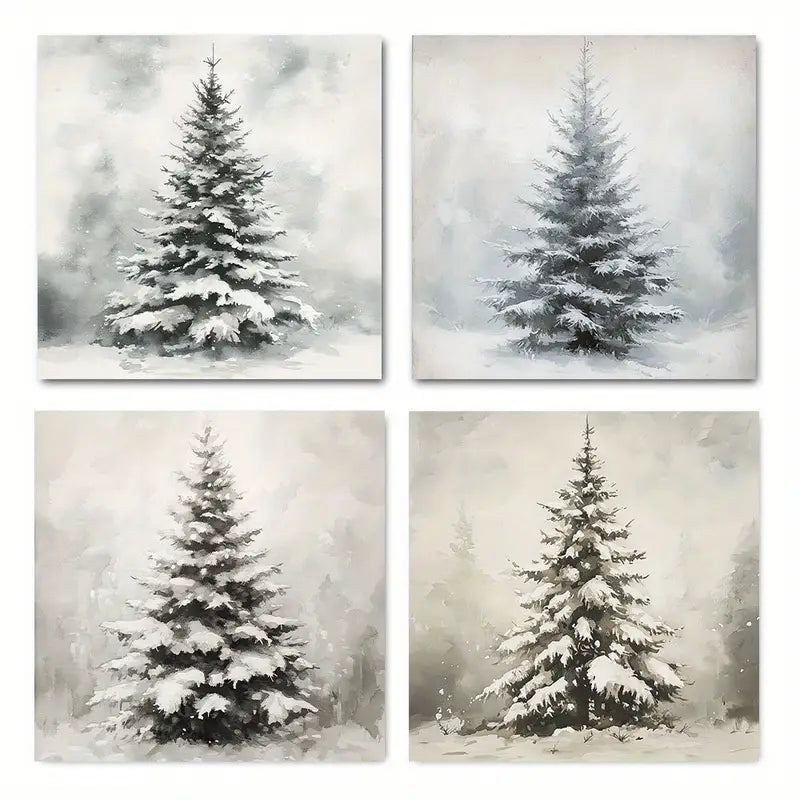 4pcs Snowy Pine Trees With Frosty Rooftops Wall Art Canvas Framed