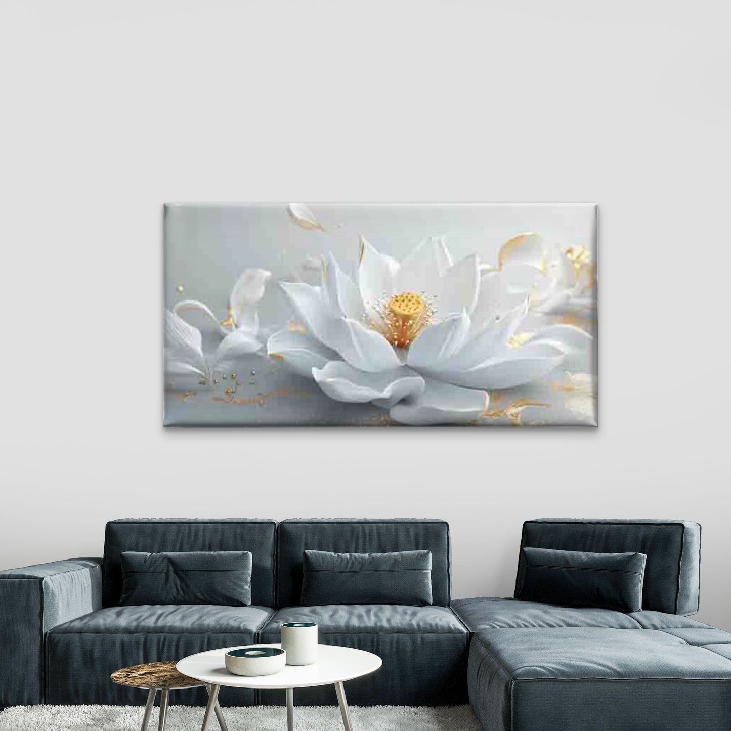 White Lotus with Golden Accents Wall Art Canvas Office Home Room Framed 120x60cm - Bella Home Decor