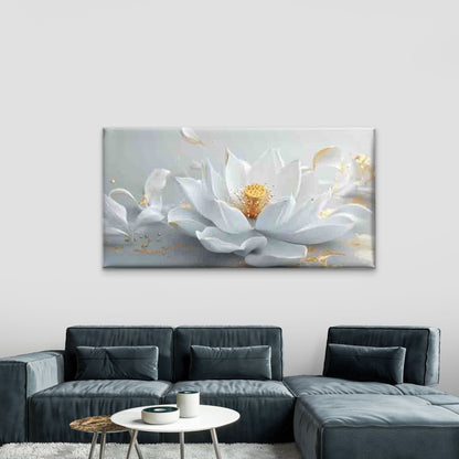 White Lotus with Golden Accents Wall Art Canvas Office Home Room Framed 120x60cm - Bella Home Decor