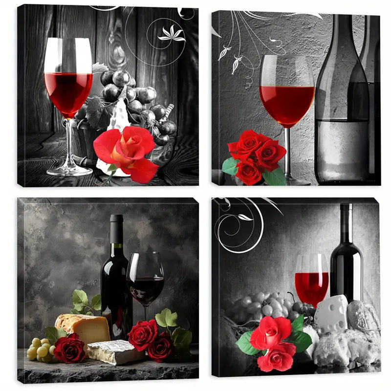 4pcs Red Wine Poster, Cheese  RWC   Wall Art Canvas Framed