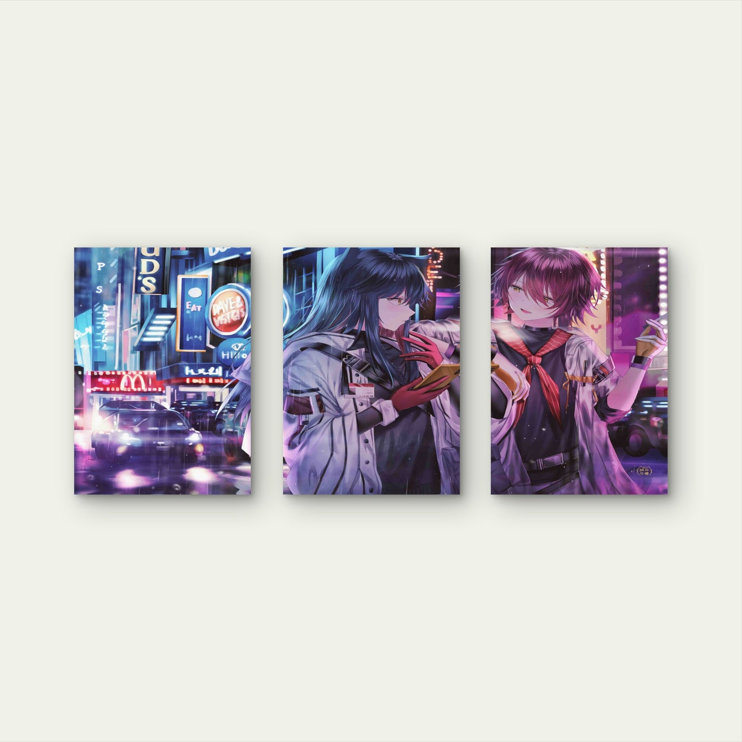 3pcs Cyberpunk Rainy City Neon Night Street Metal Print Ready to Hang Art