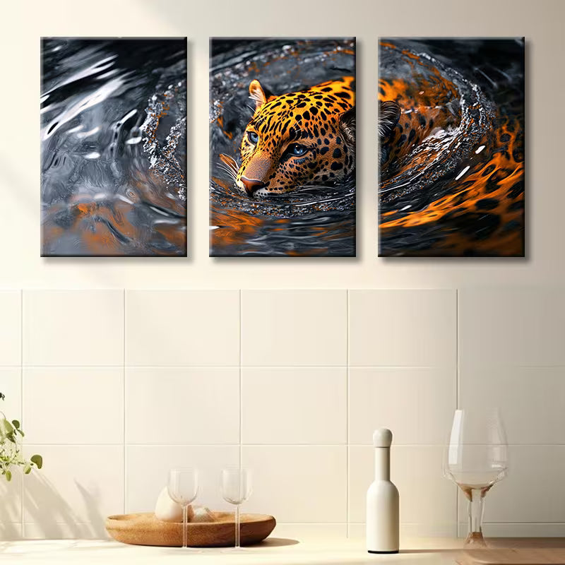 3pcs Luxurious swimming leopard Wall Art Set Canvas Framed 40x60cm - High Quality Print 100% Australian Made Wall Canvas Ready to Hang
