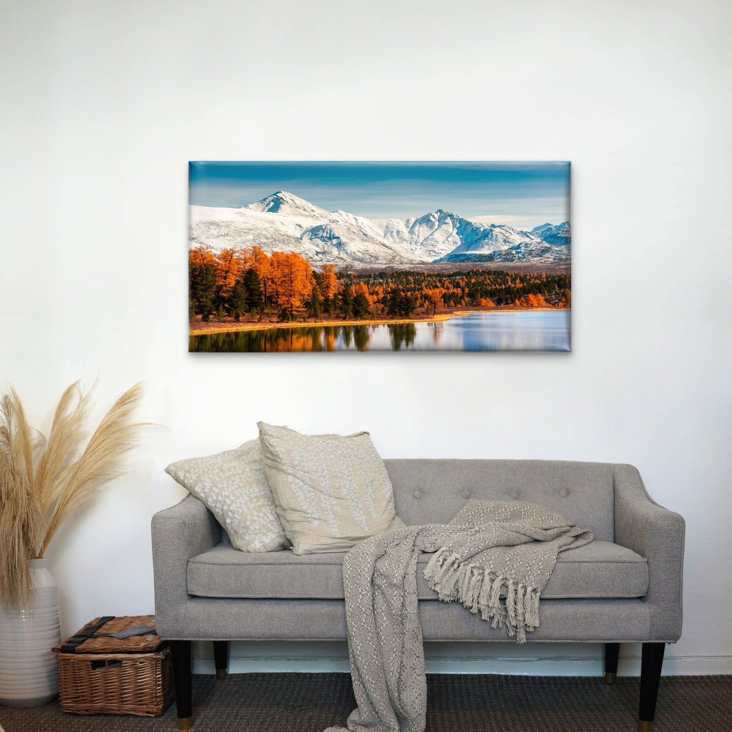 Snowy Mountain Peaks Autumn Forest Lake Reflection Blue Sky Wall Art Canvas Office Home Room Framed 120x60cm