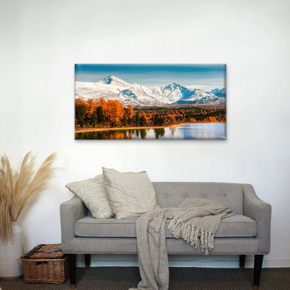 Snowy Mountain Peaks Autumn Forest Lake Reflection Blue Sky Wall Art Canvas Office Home Room Framed 120x60cm