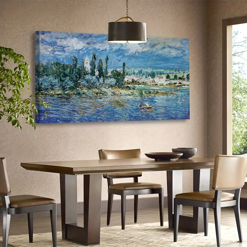 Serene River & Cityscape Scene Wall Art canvas office home room framed 120x60cm - Bella Home Decor