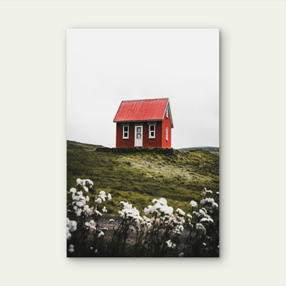Traditional Red House in Nordic Landscape 40x60cm Metal Print Ready to Hang