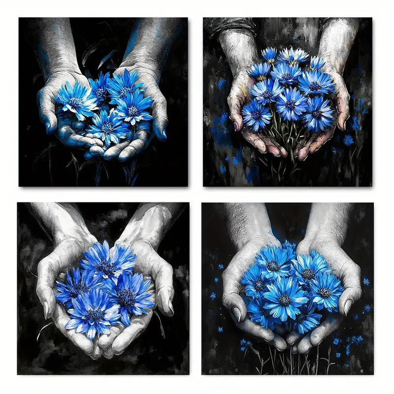 4pcs Cornflower Blue Flowers Elegant Modern  mn    Wall Art Canvas Framed