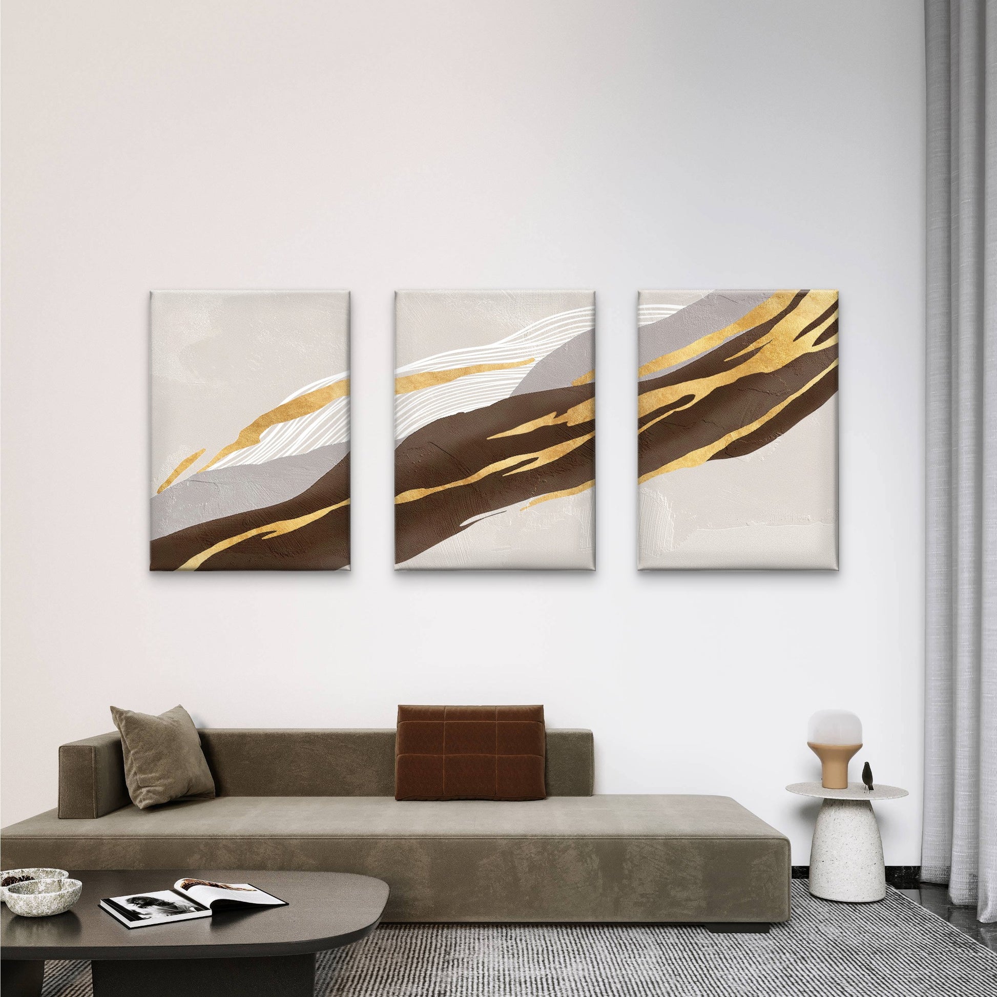 3pcs Modern Gold Brown Grey Abstract Painting Wall Art Set Canvas Framed 40x60cm - High Quality Print 100% Australian Made Wall Canvas Ready to Hang