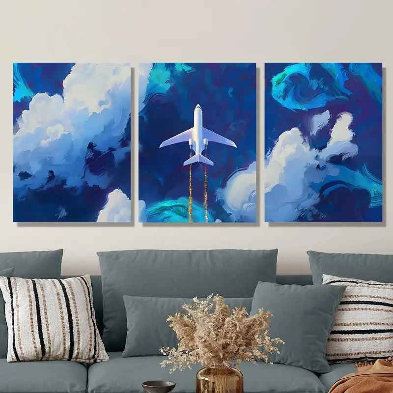 3pcs Vibrant Blue Sky & White Airplane Design Metal Print Ready to Hang Art