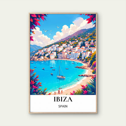 Ibiza Coastal Town With Sailboat & Blue Bay Spain  Town Travel Poster Print Wall Art