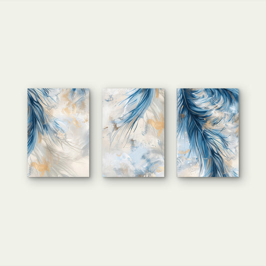 3pcs Navy Gold Abstract Feather Modern  Wall Art Set Canvas Framed 40x60cm - High Quality Print 100% Australian Made Wall Canvas Ready to Hang