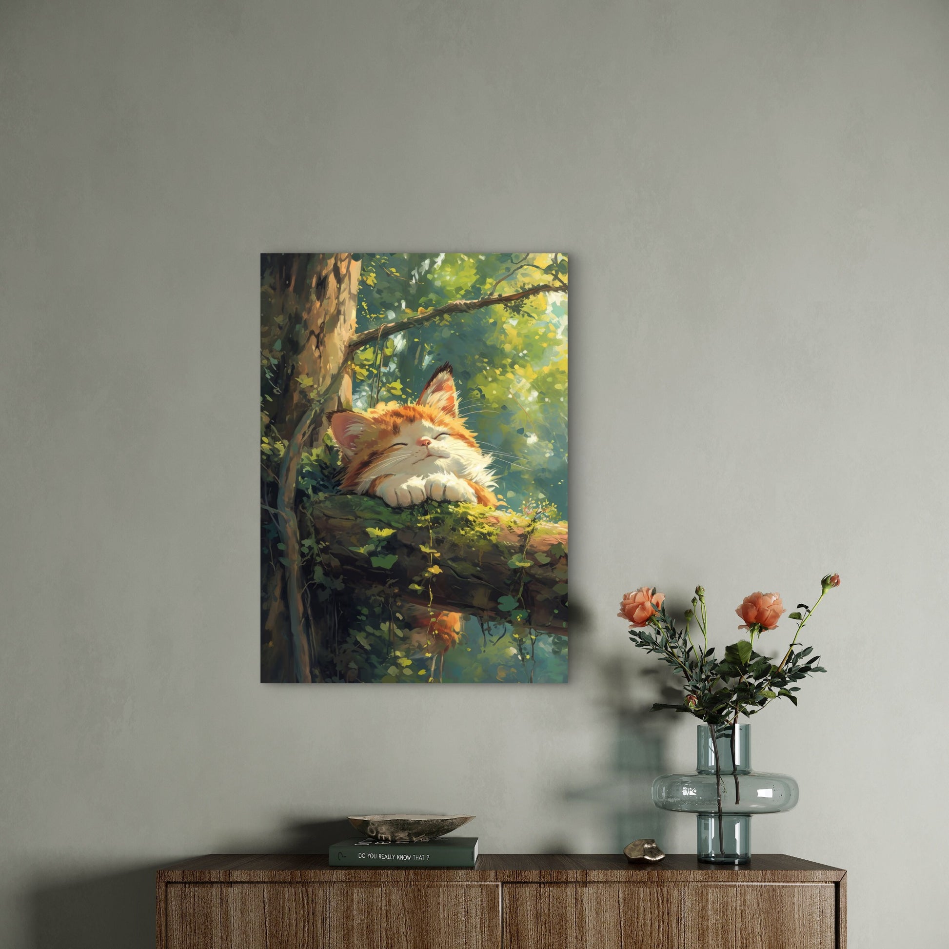 Ginger Tabby Cat Sleeping Tree 40x60cm Metal Print Ready to Hang - Bella Home Decor