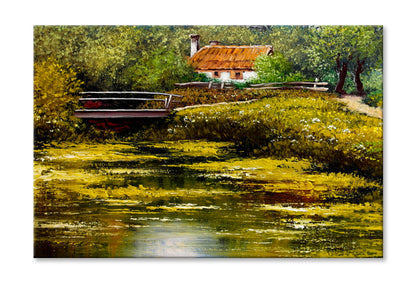 Lake With Bridge View Oil Painting Wall Art Limited Edition High Quality Print Stretched Canvas None