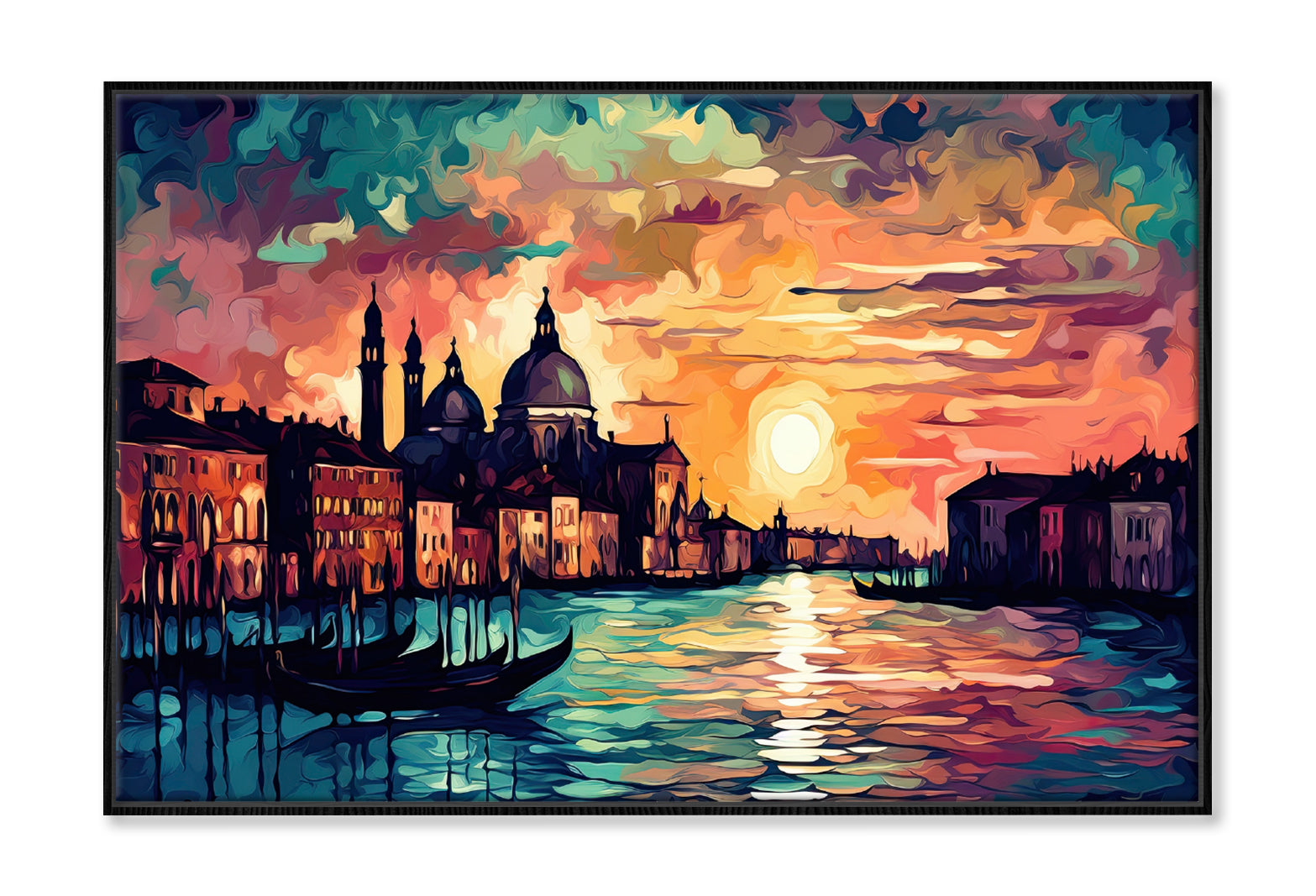 Boats on Canal Venice Sunset Sky Oil Painting Wall Art Limited Edition High Quality Print Canvas Box Framed Black