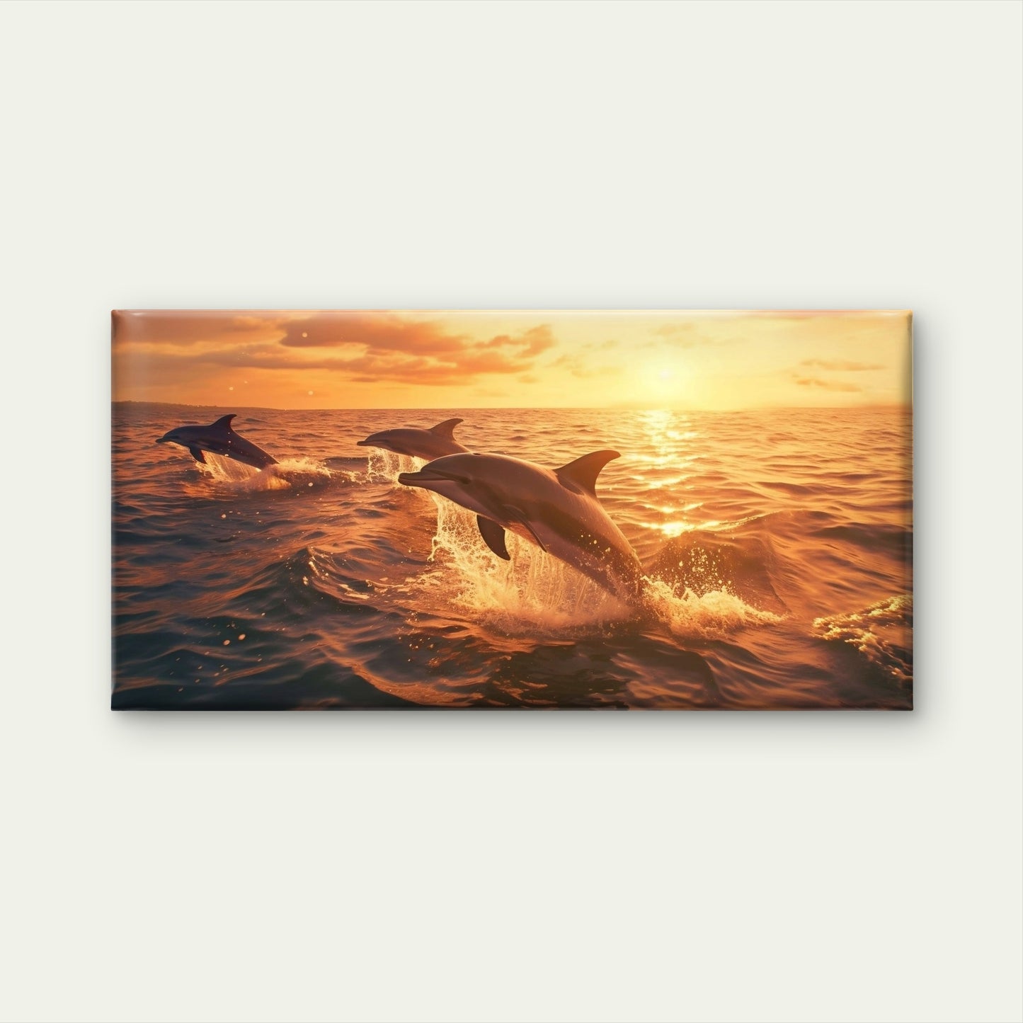 Ocean Dolphins Jumping At Sunset Wall Art Canvas Office Home Framed 120x60cm