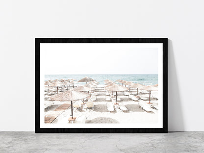 Beach Huts & Chairs near Beach Faded Photograph Glass Framed Wall Art, Ready to Hang Quality Print With White Border Black