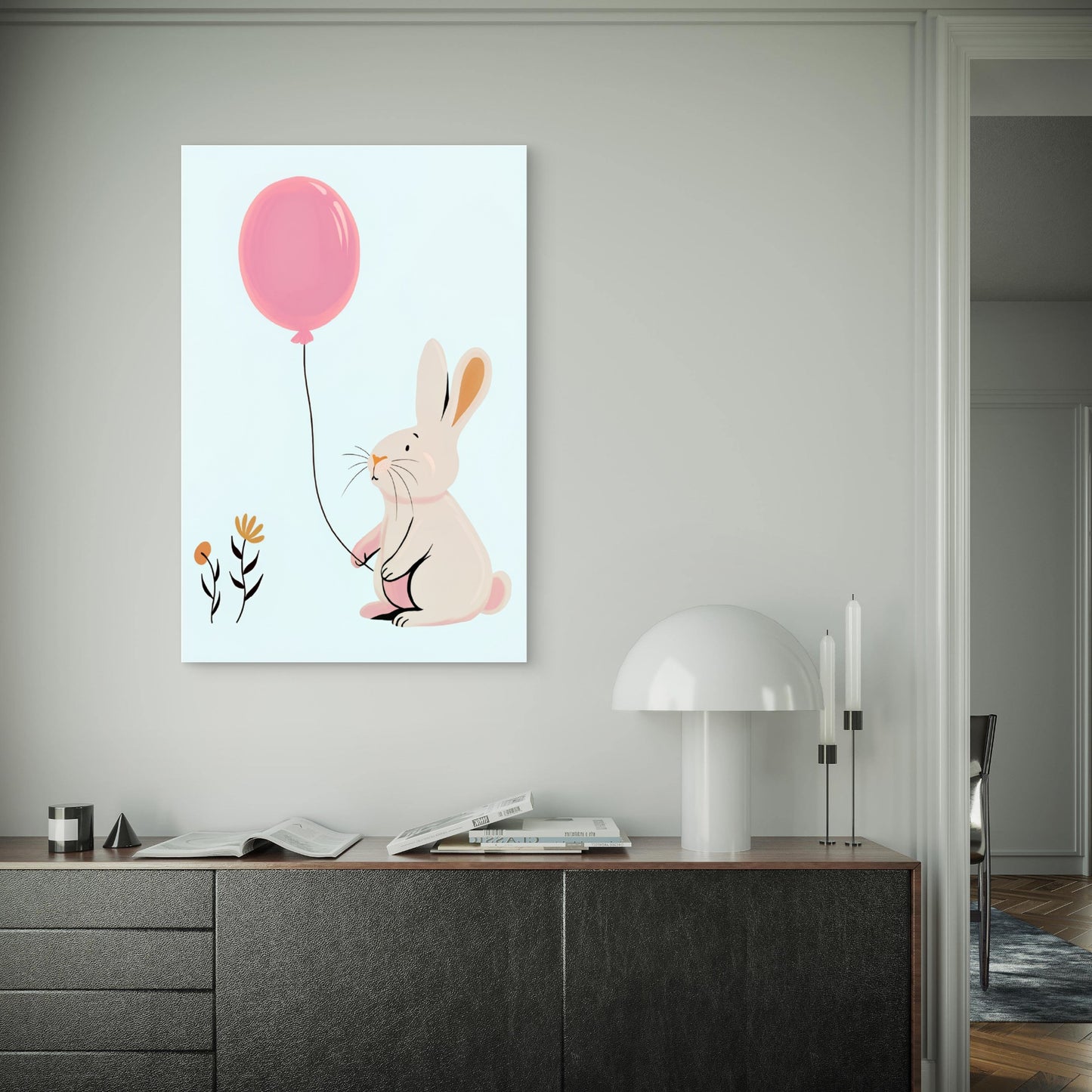 Cute White Bunny Holding Pink Balloon 40x60cm Metal Print Ready to Hang