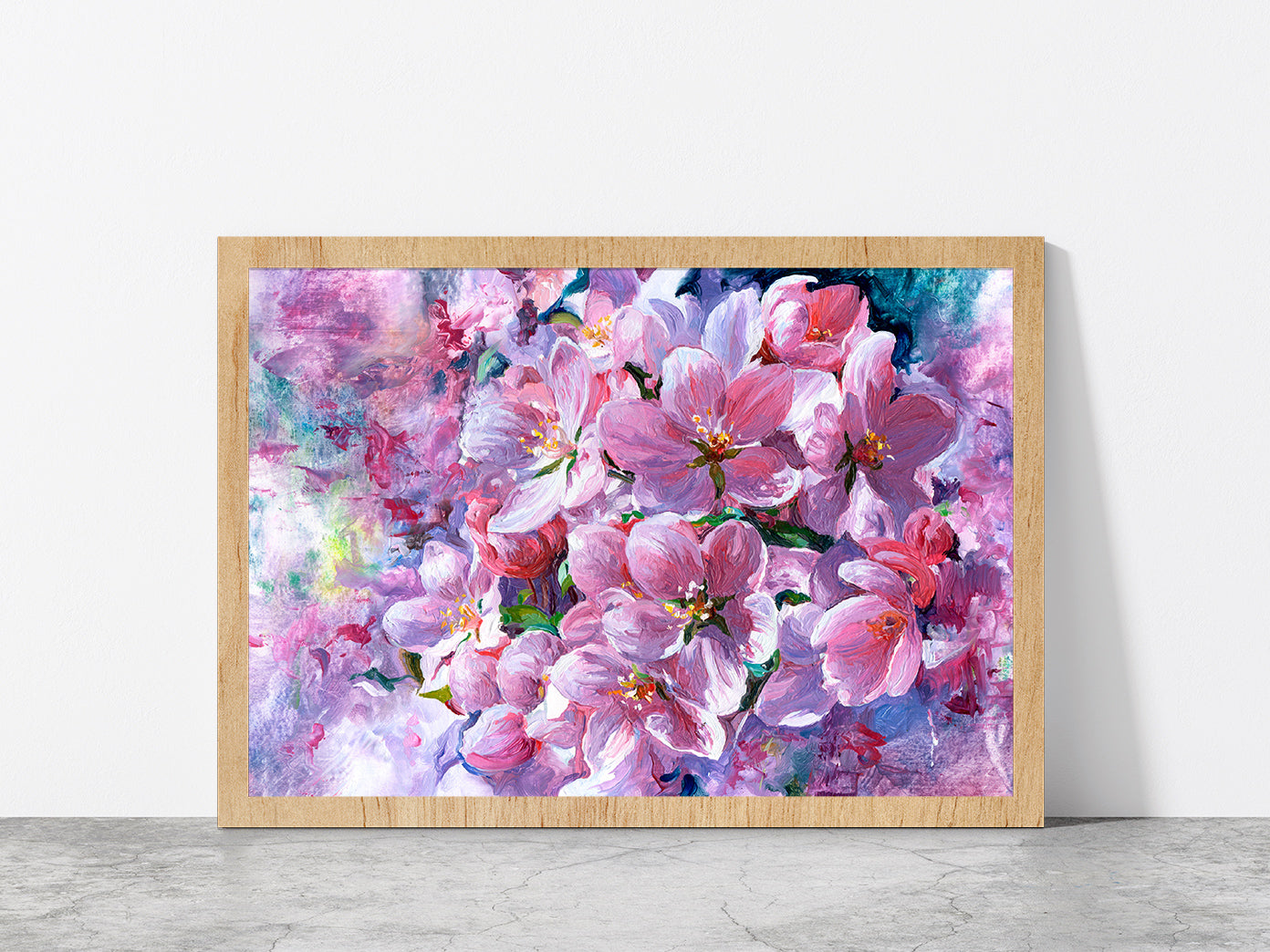 Branch Of Pink Flowers Glass Framed Wall Art, Ready to Hang Quality Print Without White Border Oak