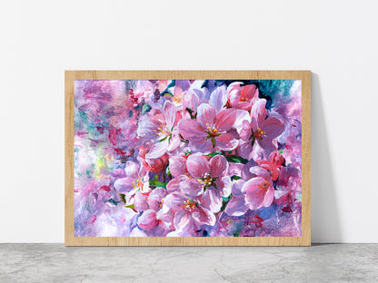 Branch Of Pink Flowers Glass Framed Wall Art, Ready to Hang Quality Print Without White Border Oak