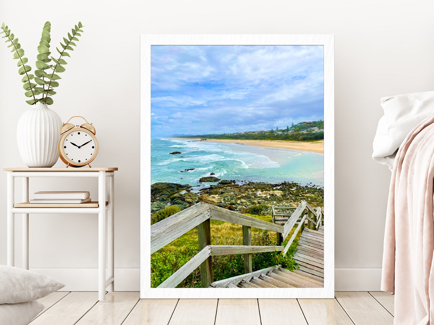 Wooden Pier to Beach & Rocks Photograph Glass Framed Wall Art, Ready to Hang Quality Print Without White Border White
