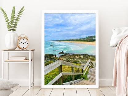Wooden Pier to Beach & Rocks Photograph Glass Framed Wall Art, Ready to Hang Quality Print Without White Border White