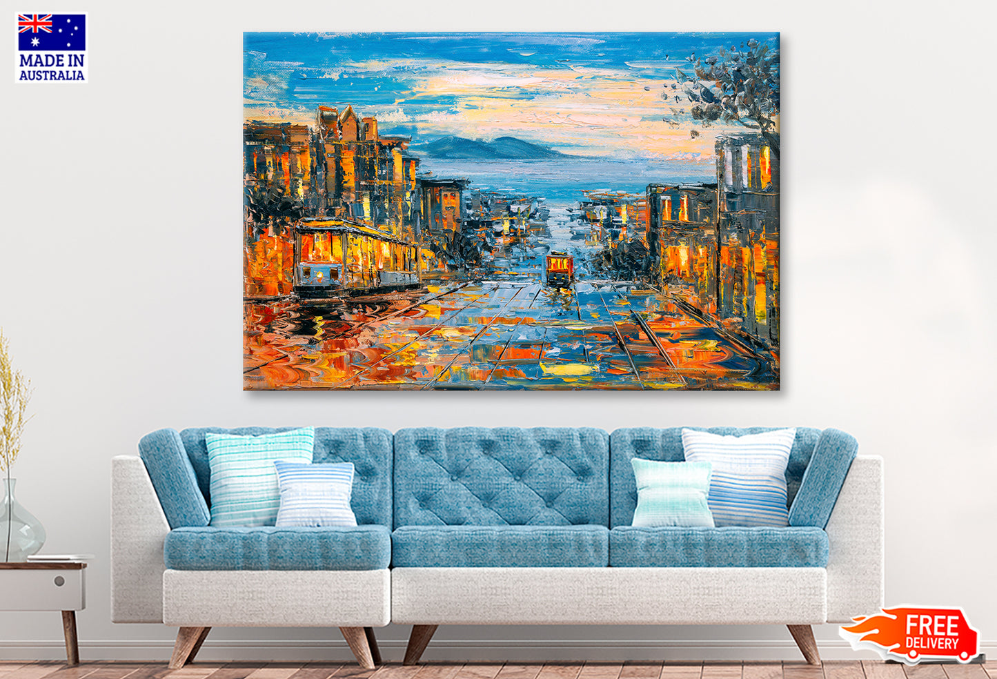 Cable Car San Francisco City & Cloudy Sky Oil Painting Wall Art Limited Edition High Quality Print