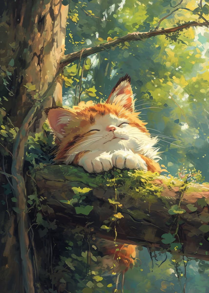 Ginger Tabby Cat Sleeping Tree 40x60cm Metal Print Ready to Hang - Bella Home Decor