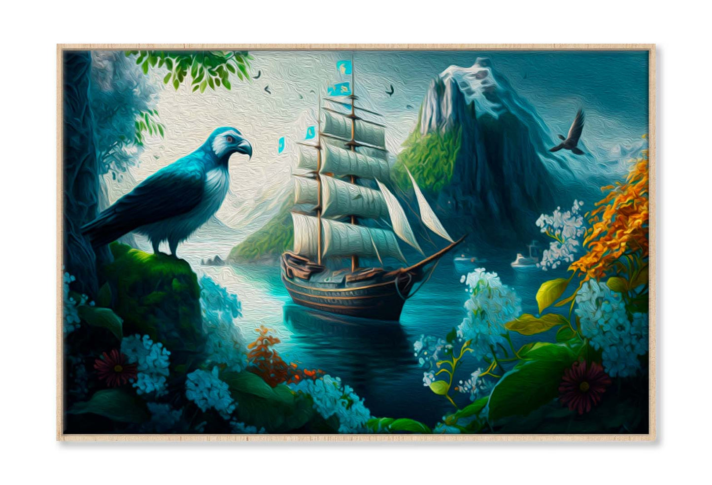 Sailing Boat in Sea and A Bird, Colorful Flowers, Mountain Wall Art Limited Edition High Quality Print