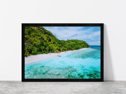 Sandy Beach With Palm Trees Boat Glass Framed Wall Art, Ready to Hang Quality Print Without White Border Black