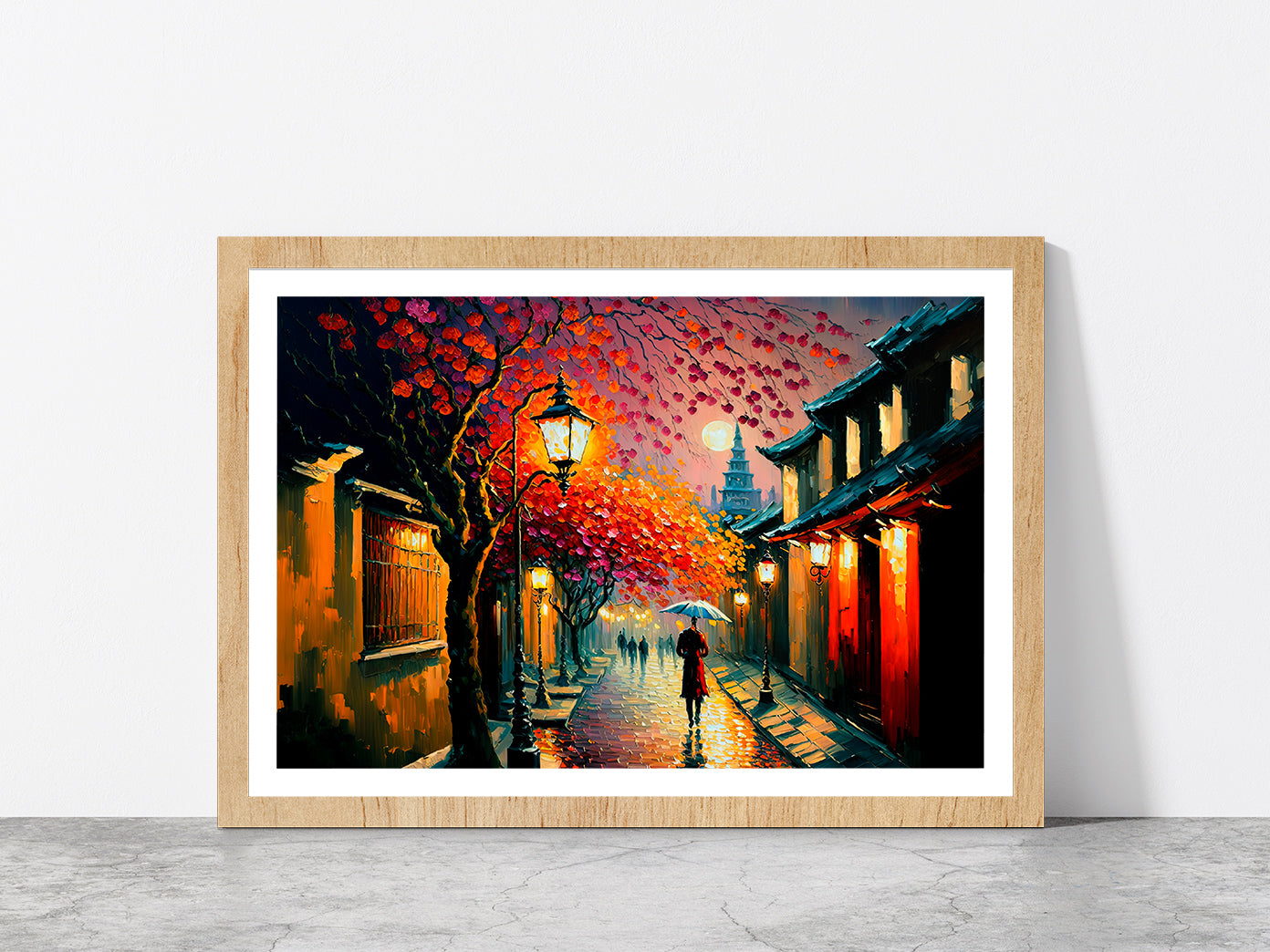 Ancient City Street In Japan During Spring Season Glass Framed Wall Art, Ready to Hang Quality Print With White Border Oak