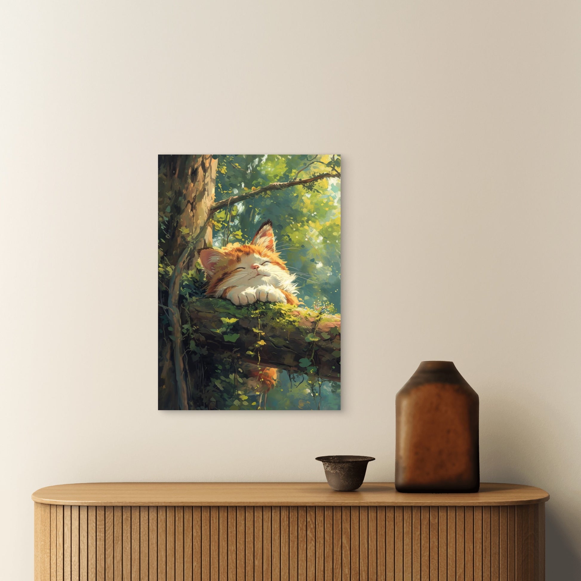 Ginger Tabby Cat Sleeping Tree 60x90cm Metal Print Ready to Hang - Bella Home Decor