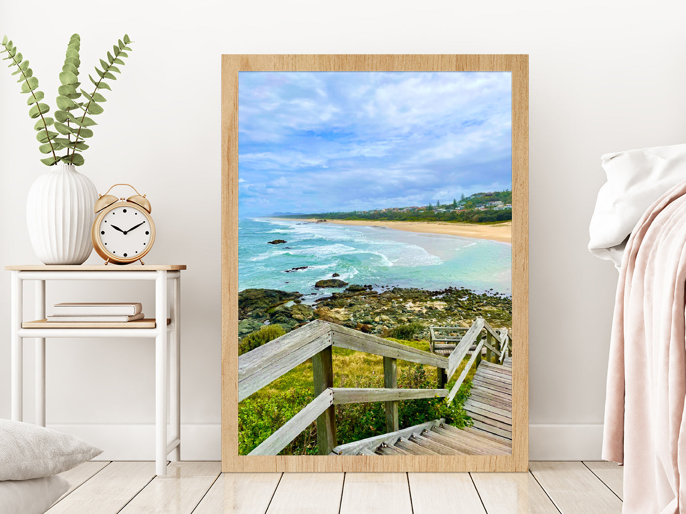 Wooden Pier to Beach & Rocks Photograph Glass Framed Wall Art, Ready to Hang Quality Print Without White Border Oak