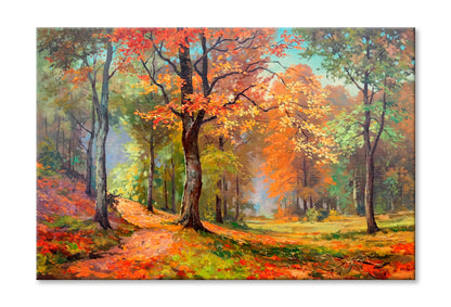 Trees With Colorful Foliage In Sun Oil Painting Wall Art Limited Edition High Quality Print Stretched Canvas None