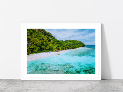 Sandy Beach With Palm Trees Boat Glass Framed Wall Art, Ready to Hang Quality Print With White Border White