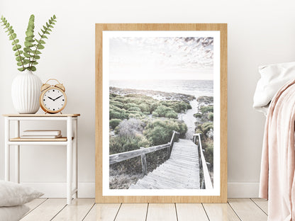 Wooden Path & Sea Dunes Beach Photograph Glass Framed Wall Art, Ready to Hang Quality Print With White Border Oak