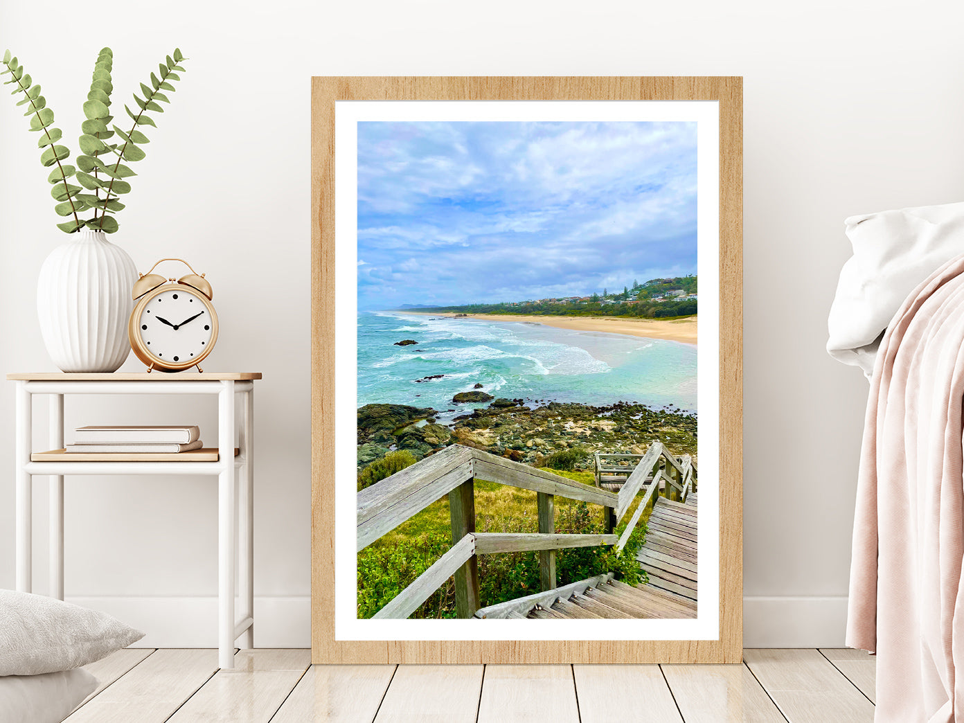 Wooden Pier to Beach & Rocks Photograph Glass Framed Wall Art, Ready to Hang Quality Print With White Border Oak