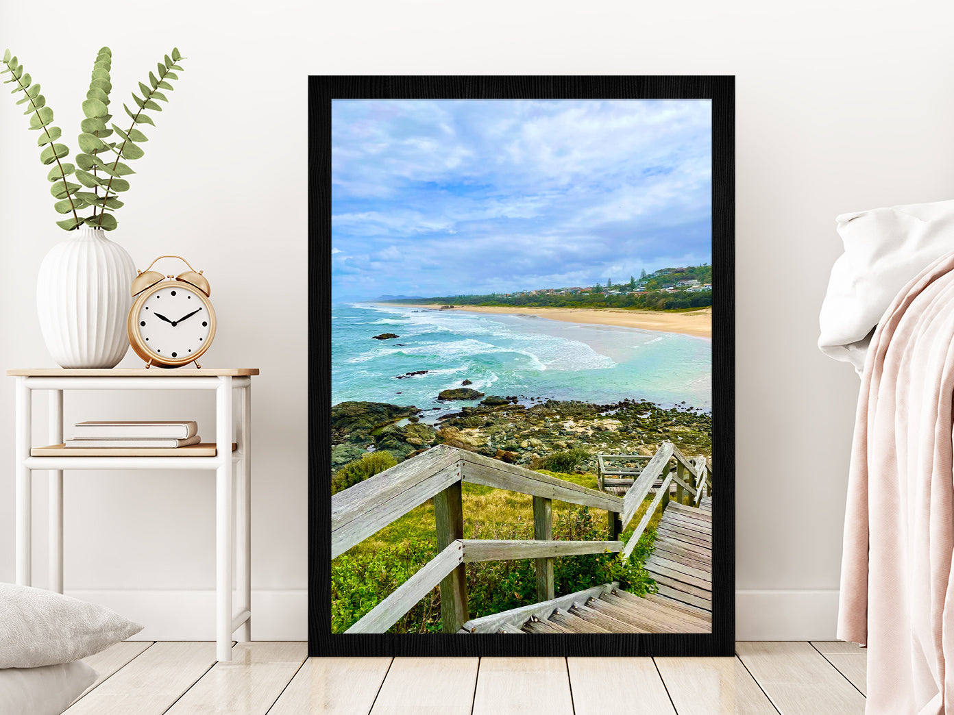 Wooden Pier to Beach & Rocks Photograph Glass Framed Wall Art, Ready to Hang Quality Print Without White Border Black